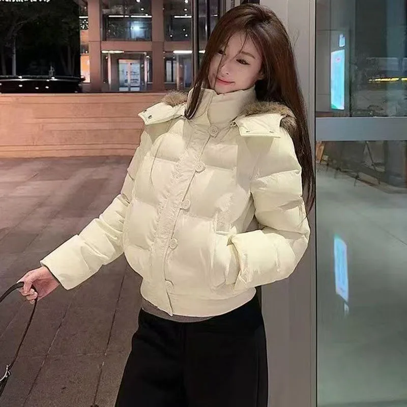 Korean Fur Collar Hooded Parkas Ladies Fashion Design Cropped Cotton Padded Winter Jacket Female Blue Casual Warm Parka Coats