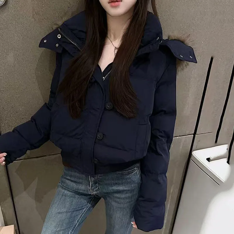 Korean Fur Collar Hooded Parkas Ladies Fashion Design Cropped Cotton Padded Winter Jacket Female Blue Casual Warm Parka Coats