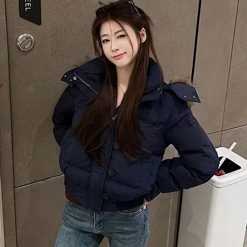Korean Fur Collar Hooded Parkas Ladies Fashion Design Cropped Cotton Padded Winter Jacket Female Blue Casual Warm Parka Coats