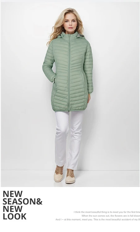 SANTELON Women Outdoor Windproof Warm Puffer Coat With Detachable Hood Lightweigh Smooth Long Outwear NOT Asian Size