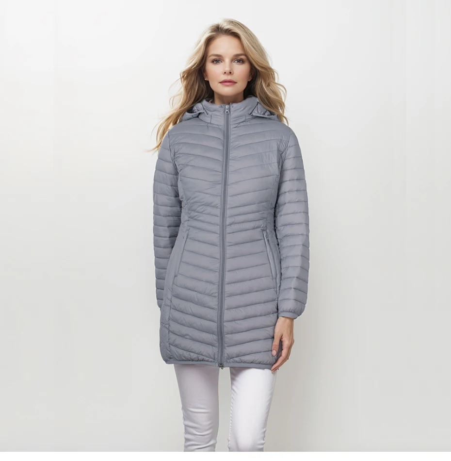 SANTELON Women Outdoor Windproof Warm Puffer Coat With Detachable Hood Lightweigh Smooth Long Outwear NOT Asian Size