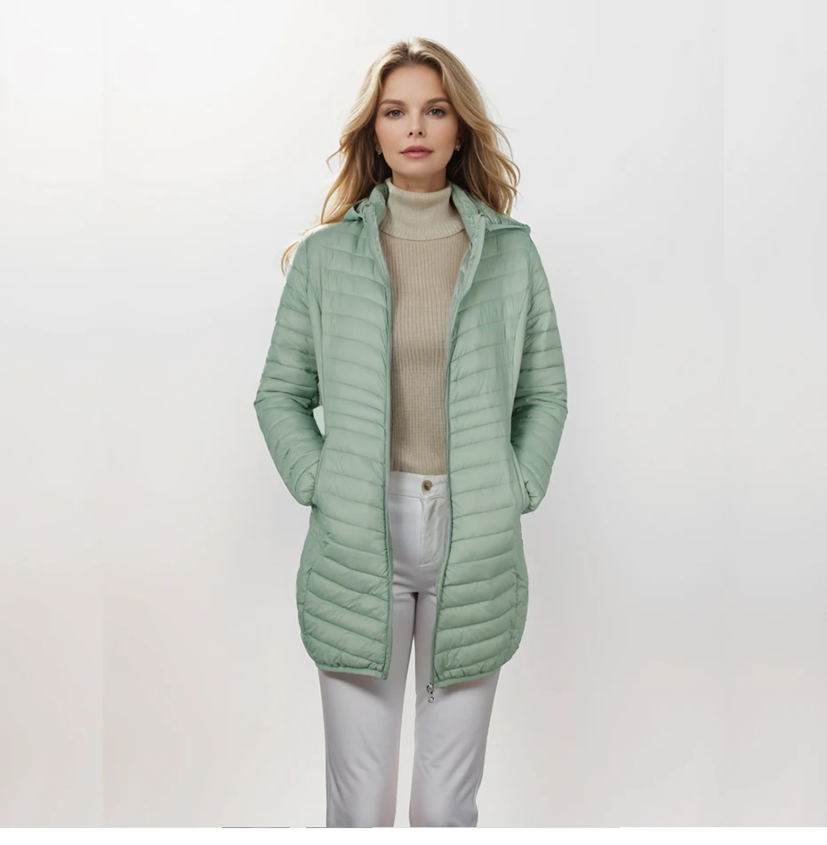 SANTELON Women Outdoor Windproof Warm Puffer Coat With Detachable Hood Lightweigh Smooth Long Outwear NOT Asian Size