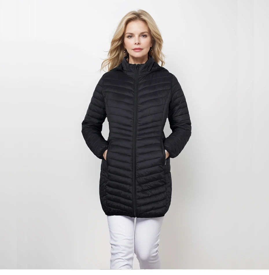 SANTELON Women Outdoor Windproof Warm Puffer Coat With Detachable Hood Lightweigh Smooth Long Outwear NOT Asian Size
