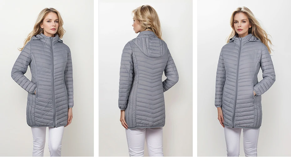 SANTELON Women Outdoor Windproof Warm Puffer Coat With Detachable Hood Lightweigh Smooth Long Outwear NOT Asian Size