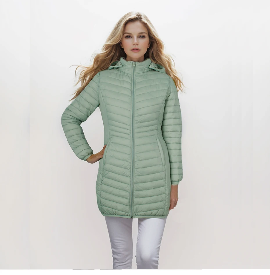 SANTELON Women Outdoor Windproof Warm Puffer Coat With Detachable Hood Lightweigh Smooth Long Outwear NOT Asian Size