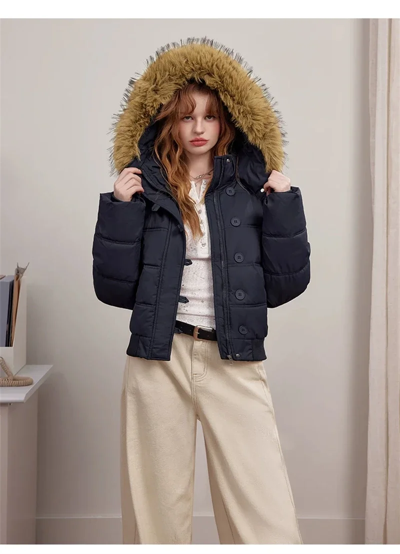 Retro Puffer Coat Women Fur Hood Quilted Slim Casual Short Parka Thick Warm Windproof Winter Cotton Padded Jacket куртка женская