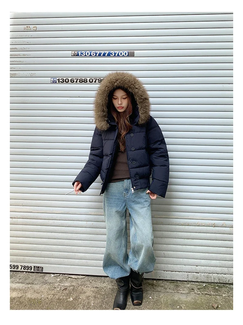 Retro Puffer Coat Women Fur Hood Quilted Slim Casual Short Parka Thick Warm Windproof Winter Cotton Padded Jacket куртка женская