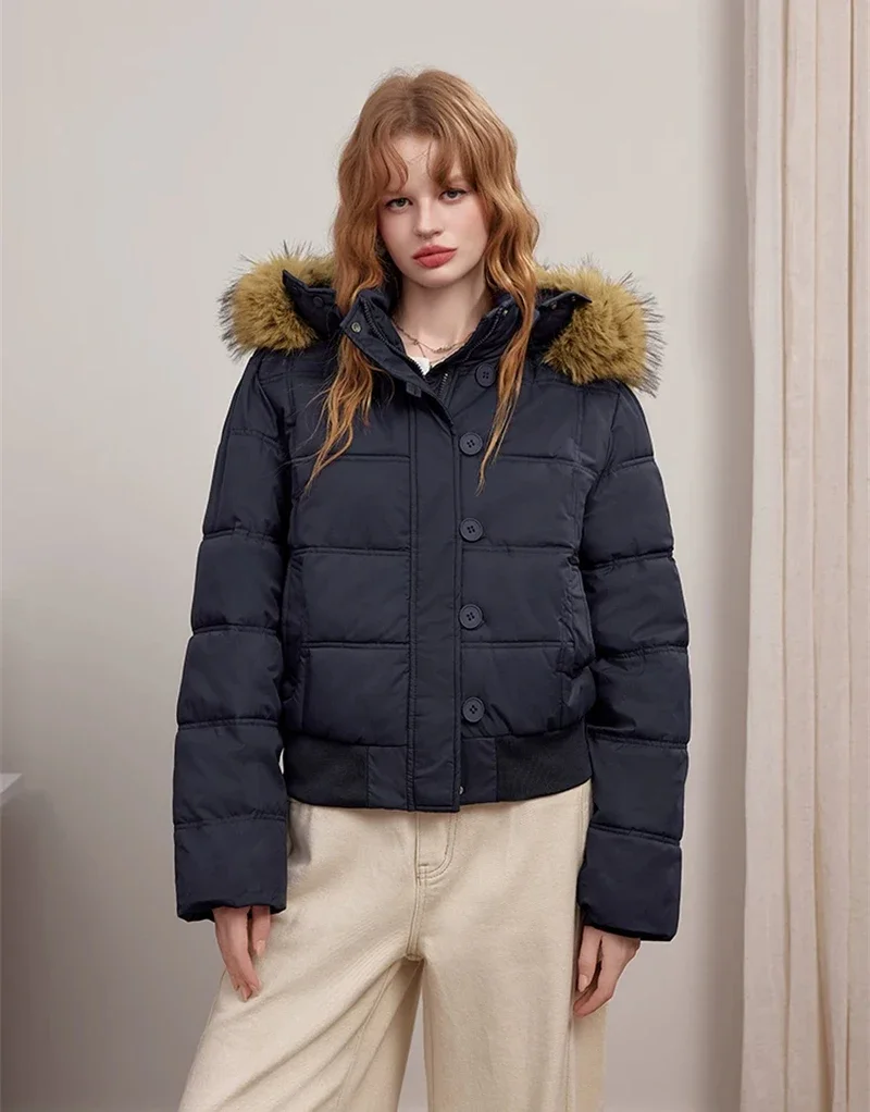 Retro Puffer Coat Women Fur Hood Quilted Slim Casual Short Parka Thick Warm Windproof Winter Cotton Padded Jacket куртка женская