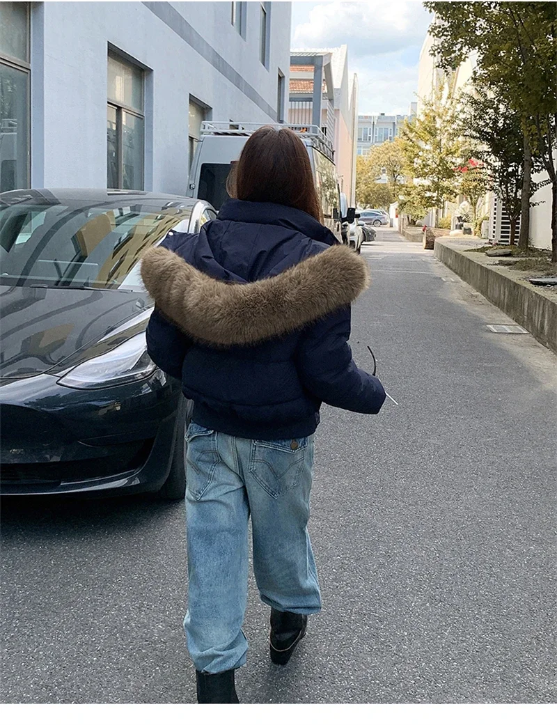 Retro Puffer Coat Women Fur Hood Quilted Slim Casual Short Parka Thick Warm Windproof Winter Cotton Padded Jacket куртка женская