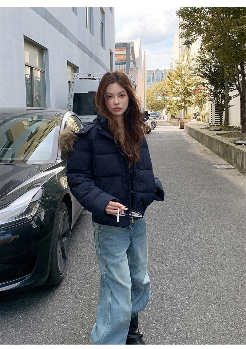 Retro Puffer Coat Women Fur Hood Quilted Slim Casual Short Parka Thick Warm Windproof Winter Cotton Padded Jacket куртка женская