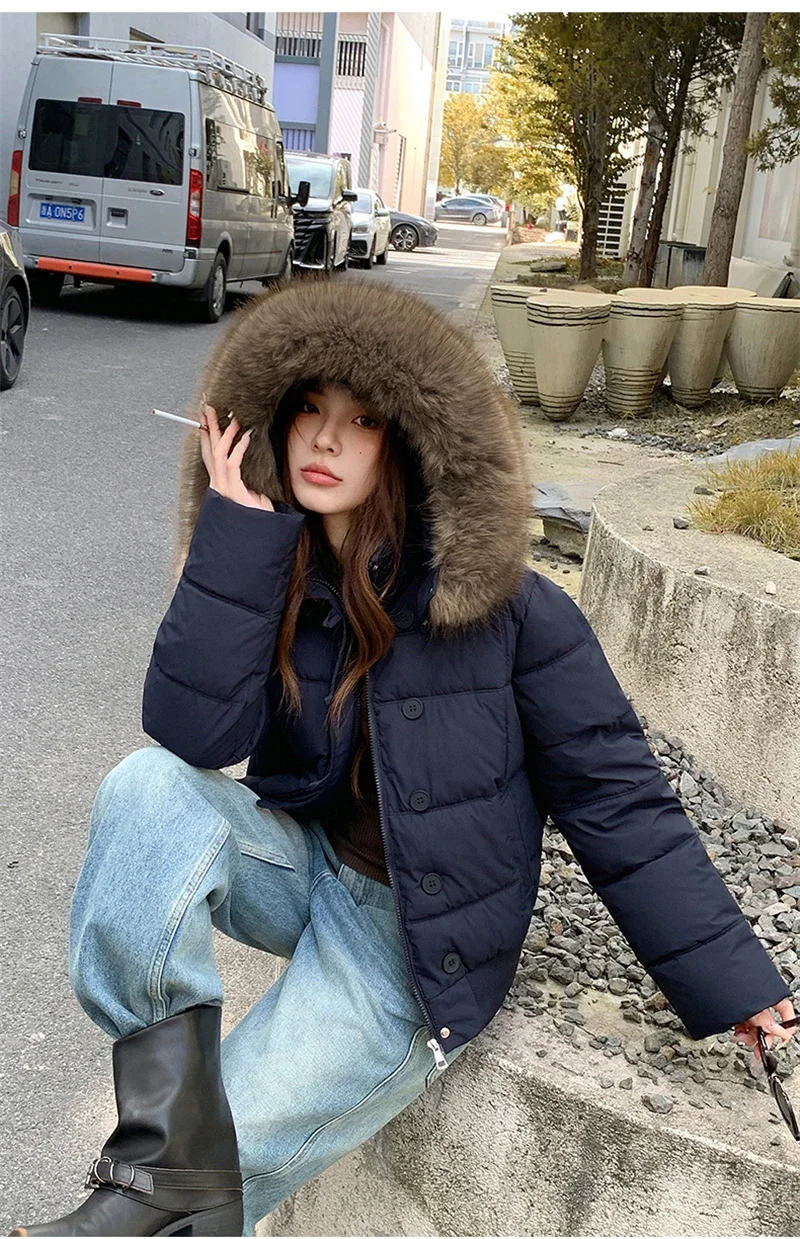 Retro Puffer Coat Women Fur Hood Quilted Slim Casual Short Parka Thick Warm Windproof Winter Cotton Padded Jacket куртка женская