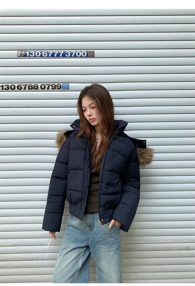 Retro Puffer Coat Women Fur Hood Quilted Slim Casual Short Parka Thick Warm Windproof Winter Cotton Padded Jacket куртка женская