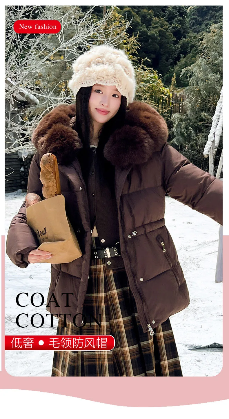 Faux Fur Hood Waist Drawstring Puffer Jacket Women Warm Winter Outerwear Zip Snap Button Mid‑Length Slim Fit Casual Coat New