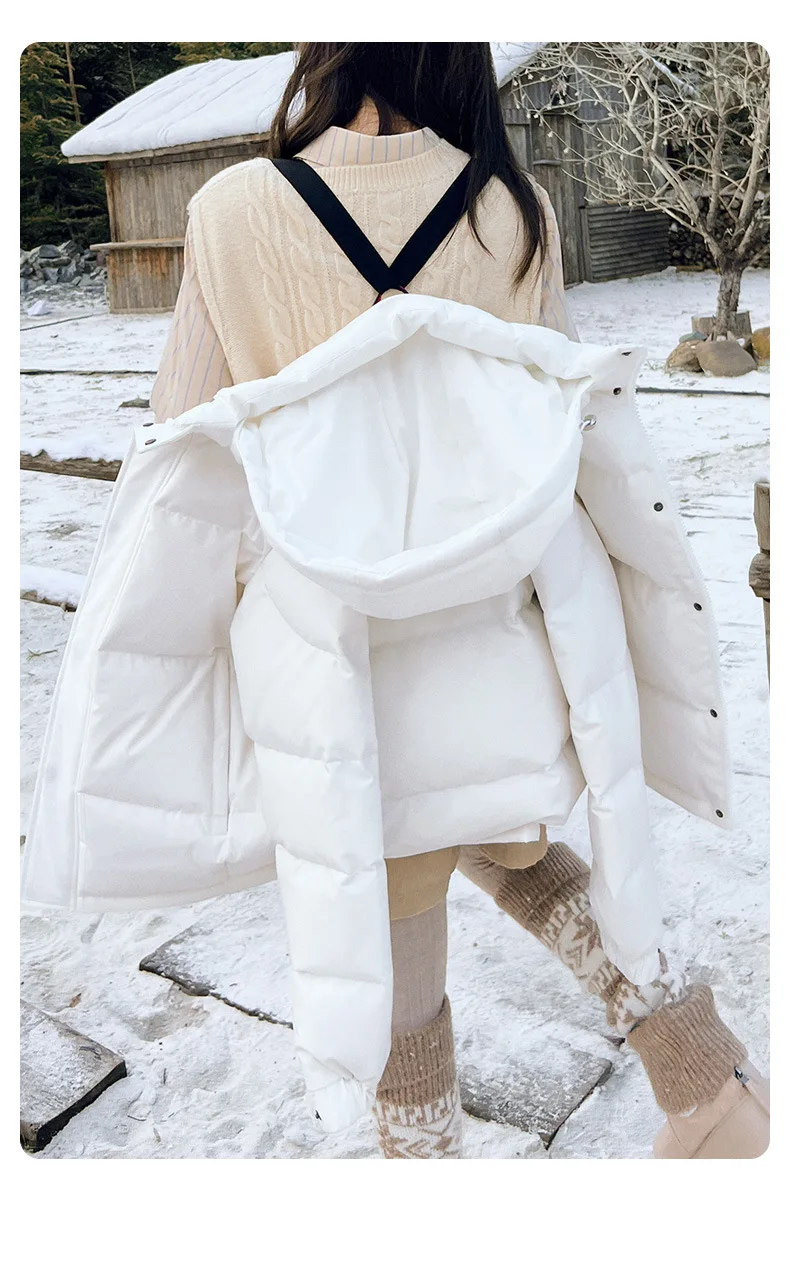 Faux Fur Hood Waist Drawstring Puffer Jacket Women Warm Winter Outerwear Zip Snap Button Mid‑Length Slim Fit Casual Coat New