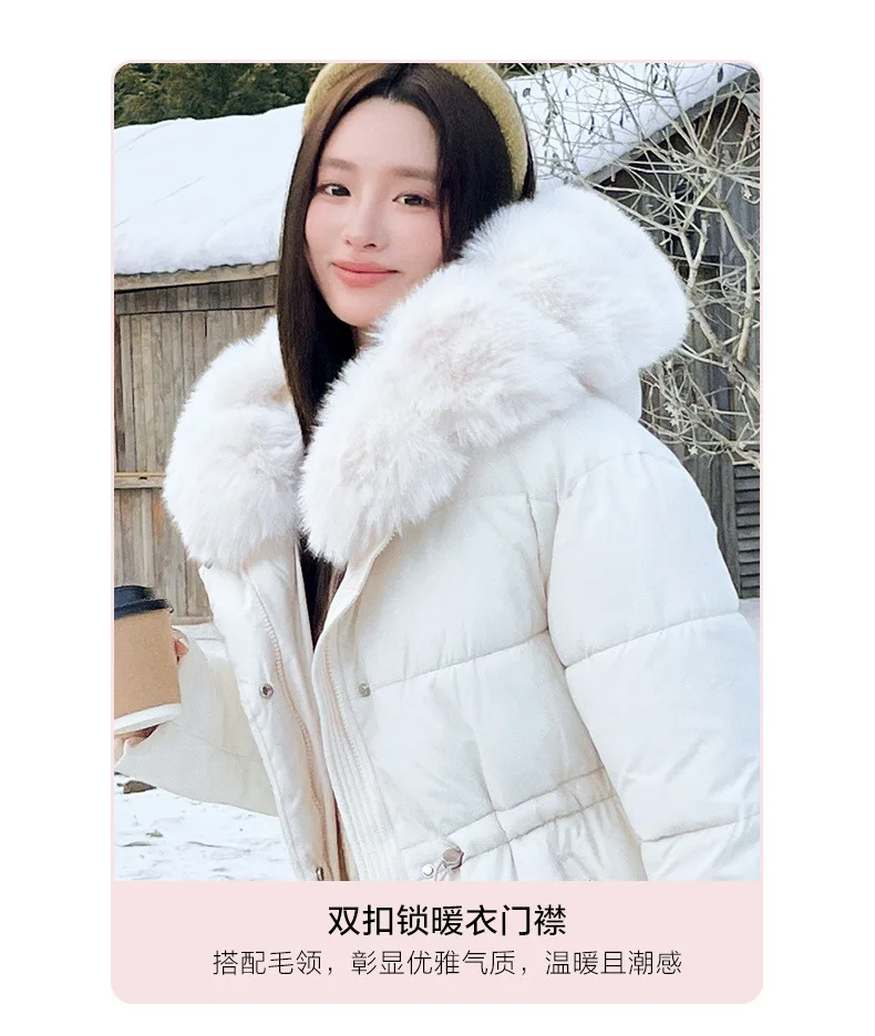 Faux Fur Hood Waist Drawstring Puffer Jacket Women Warm Winter Outerwear Zip Snap Button Mid‑Length Slim Fit Casual Coat New