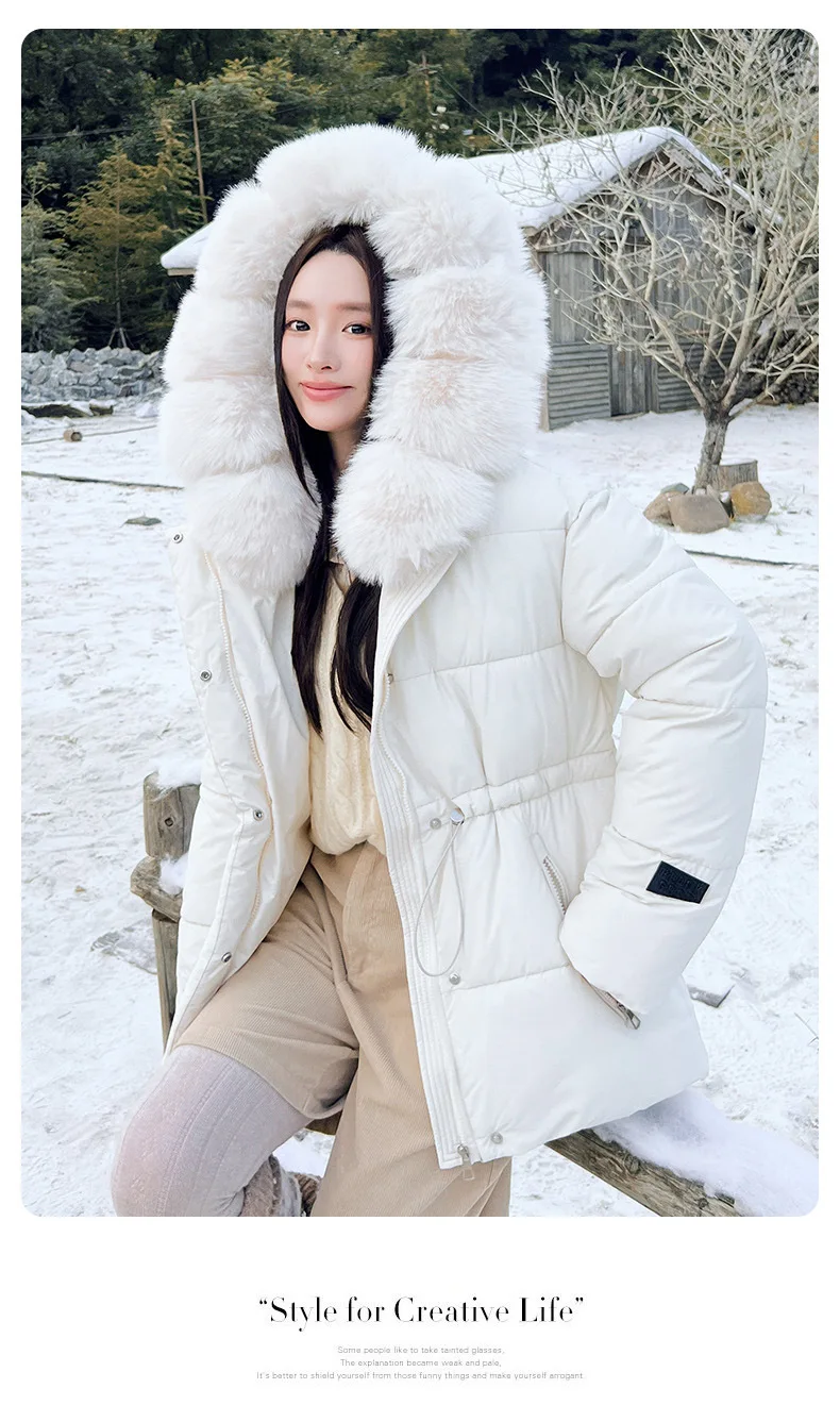 Faux Fur Hood Waist Drawstring Puffer Jacket Women Warm Winter Outerwear Zip Snap Button Mid‑Length Slim Fit Casual Coat New