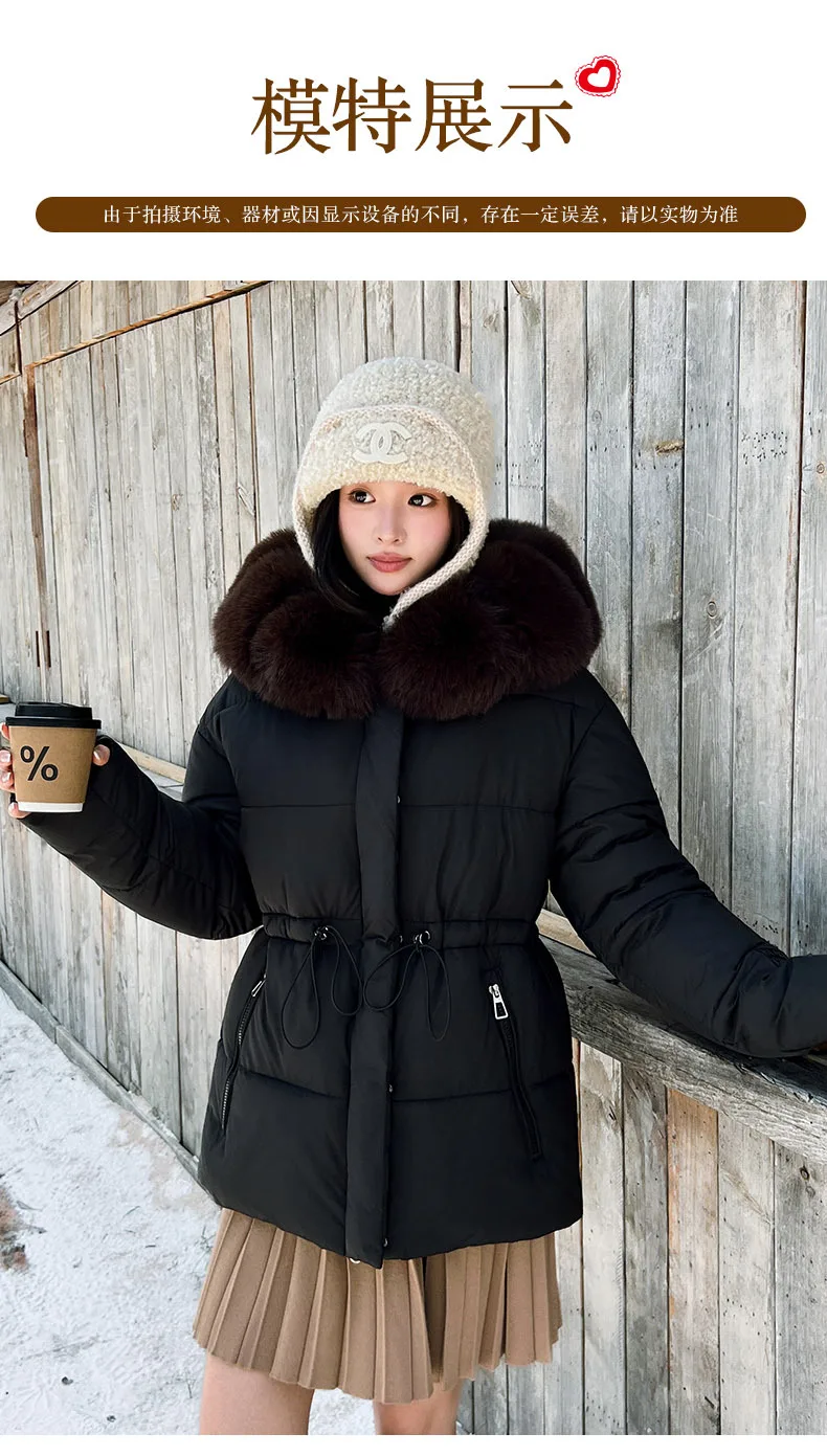 Faux Fur Hood Waist Drawstring Puffer Jacket Women Warm Winter Outerwear Zip Snap Button Mid‑Length Slim Fit Casual Coat New
