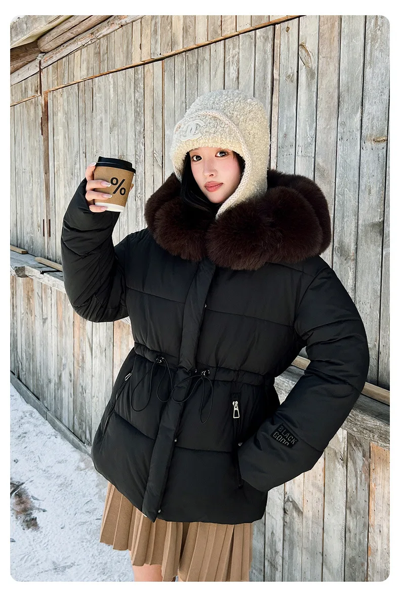 Faux Fur Hood Waist Drawstring Puffer Jacket Women Warm Winter Outerwear Zip Snap Button Mid‑Length Slim Fit Casual Coat New