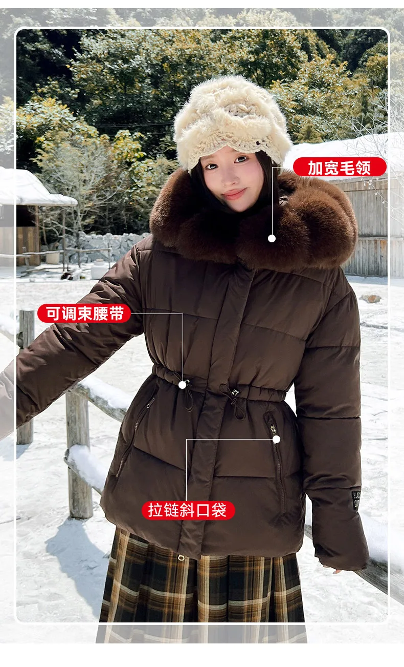Faux Fur Hood Waist Drawstring Puffer Jacket Women Warm Winter Outerwear Zip Snap Button Mid‑Length Slim Fit Casual Coat New