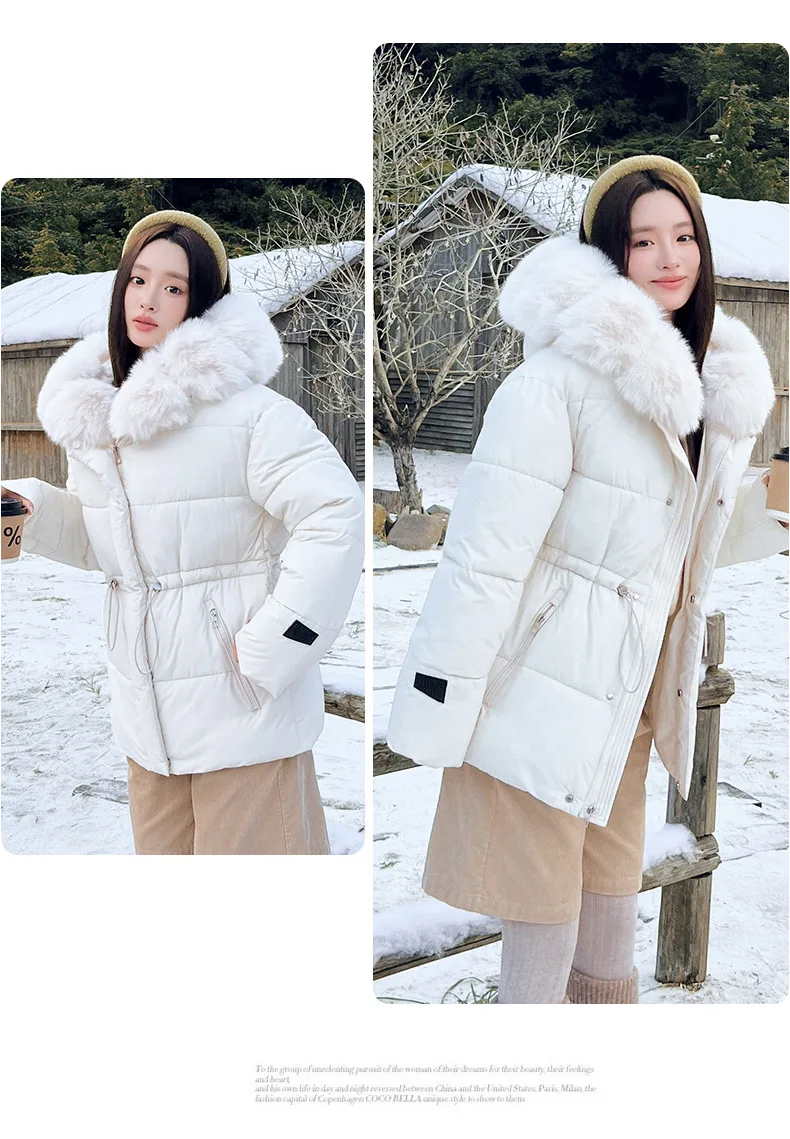 Faux Fur Hood Waist Drawstring Puffer Jacket Women Warm Winter Outerwear Zip Snap Button Mid‑Length Slim Fit Casual Coat New