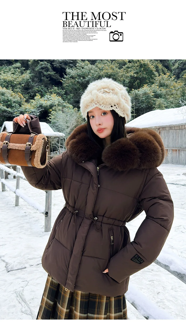 Faux Fur Hood Waist Drawstring Puffer Jacket Women Warm Winter Outerwear Zip Snap Button Mid‑Length Slim Fit Casual Coat New