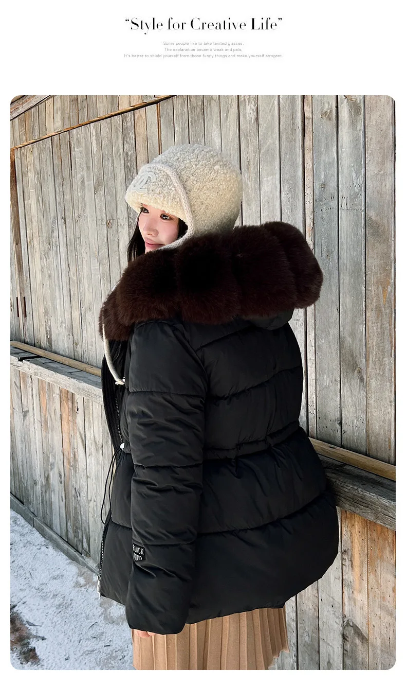 Faux Fur Hood Waist Drawstring Puffer Jacket Women Warm Winter Outerwear Zip Snap Button Mid‑Length Slim Fit Casual Coat New