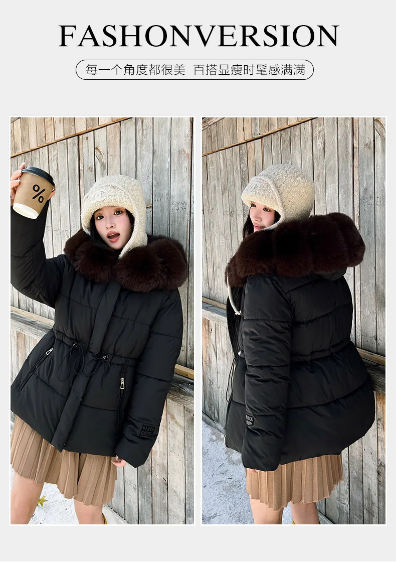 Faux Fur Hood Waist Drawstring Puffer Jacket Women Warm Winter Outerwear Zip Snap Button Mid‑Length Slim Fit Casual Coat New