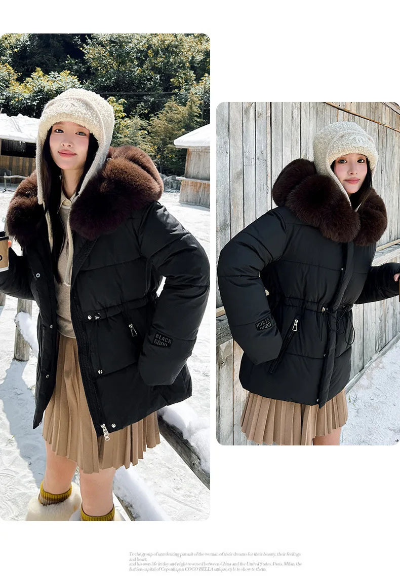 Faux Fur Hood Waist Drawstring Puffer Jacket Women Warm Winter Outerwear Zip Snap Button Mid‑Length Slim Fit Casual Coat New