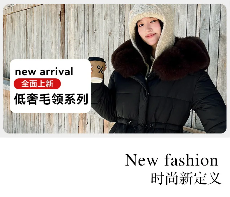 Faux Fur Hood Waist Drawstring Puffer Jacket Women Warm Winter Outerwear Zip Snap Button Mid‑Length Slim Fit Casual Coat New
