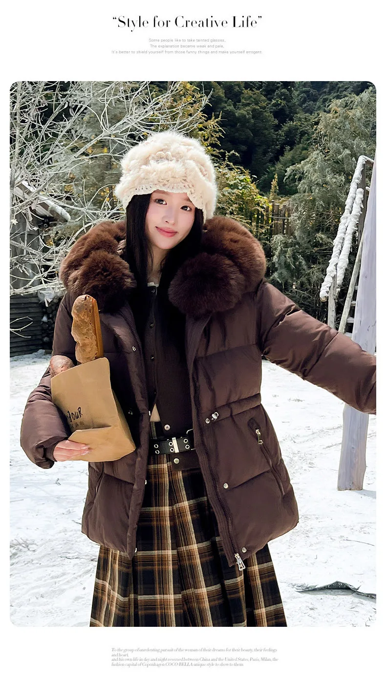 Faux Fur Hood Waist Drawstring Puffer Jacket Women Warm Winter Outerwear Zip Snap Button Mid‑Length Slim Fit Casual Coat New