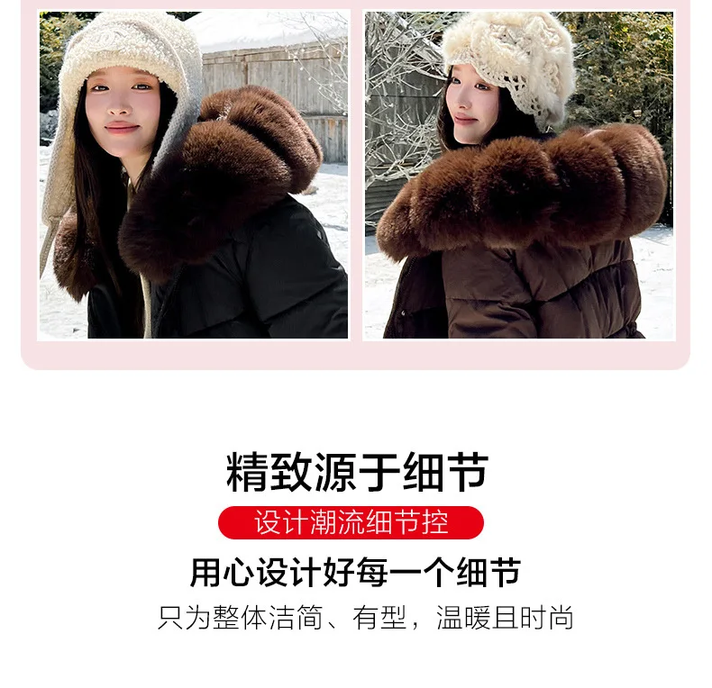 Faux Fur Hood Waist Drawstring Puffer Jacket Women Warm Winter Outerwear Zip Snap Button Mid‑Length Slim Fit Casual Coat New