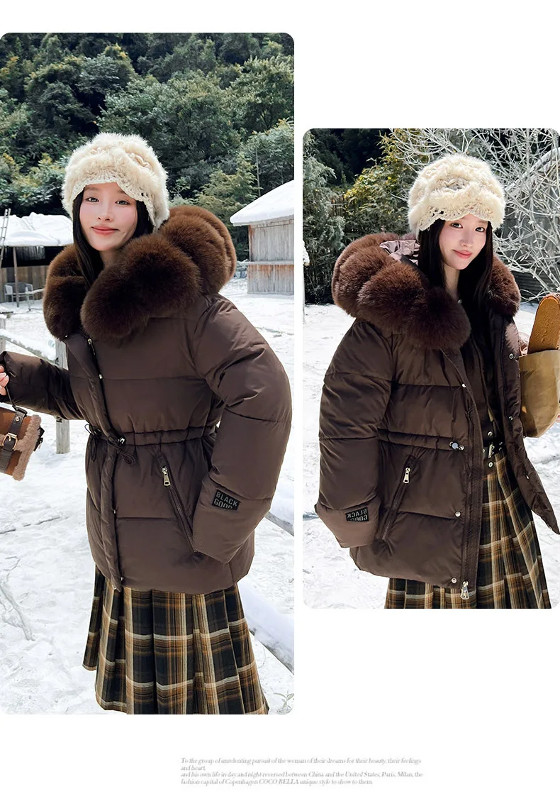 Faux Fur Hood Waist Drawstring Puffer Jacket Women Warm Winter Outerwear Zip Snap Button Mid‑Length Slim Fit Casual Coat New