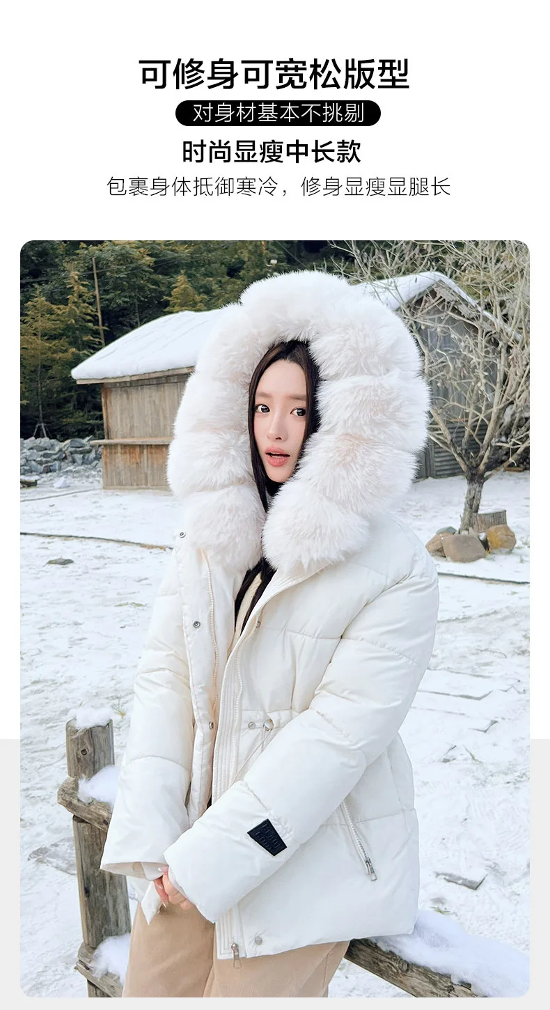Faux Fur Hood Waist Drawstring Puffer Jacket Women Warm Winter Outerwear Zip Snap Button Mid‑Length Slim Fit Casual Coat New