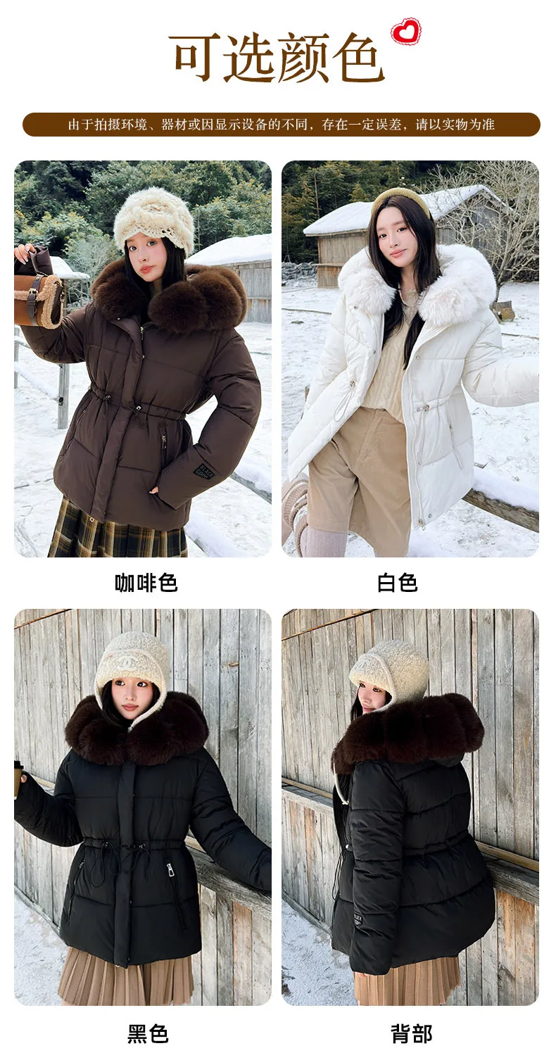 Faux Fur Hood Waist Drawstring Puffer Jacket Women Warm Winter Outerwear Zip Snap Button Mid‑Length Slim Fit Casual Coat New