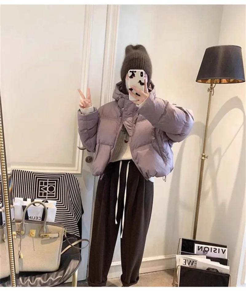 Autumn Winter Casual Parkas Women Fashion Down Cotton Jacket with Hood Warm Oversize Thick Solid Short Puffer Outwear Female