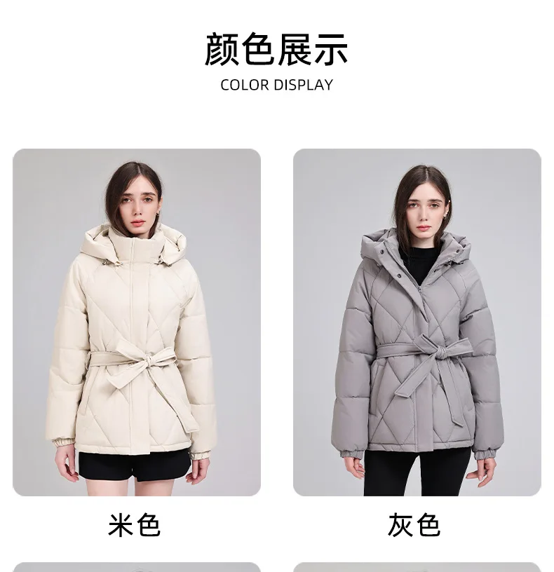 Warm Quilted Puffer Coat Women Hooded Belted Waist Elastic Cuff Zip Closure Autumn Winter Cotton Jackets Chic New Outerwear