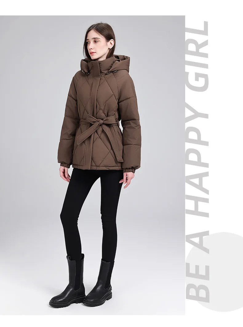 Warm Quilted Puffer Coat Women Hooded Belted Waist Elastic Cuff Zip Closure Autumn Winter Cotton Jackets Chic New Outerwear