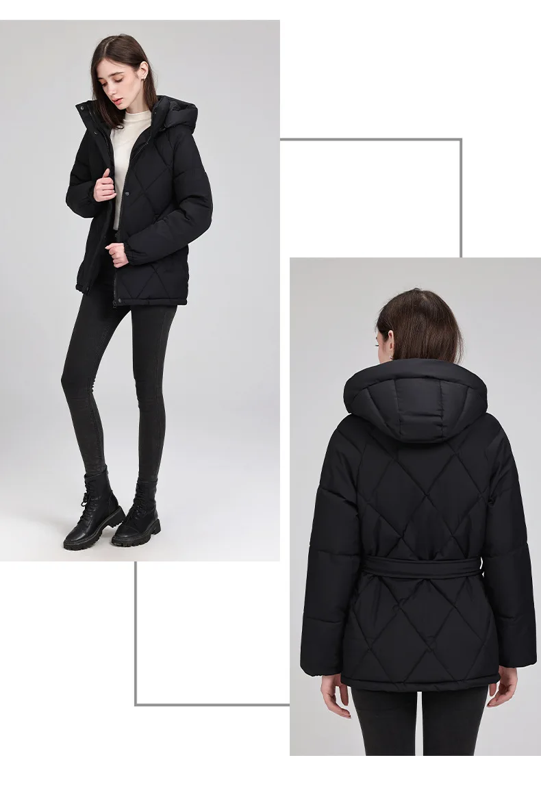 Warm Quilted Puffer Coat Women Hooded Belted Waist Elastic Cuff Zip Closure Autumn Winter Cotton Jackets Chic New Outerwear