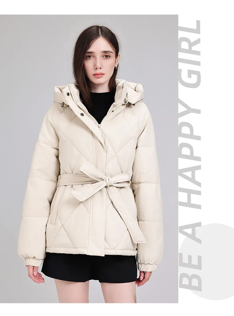 Warm Quilted Puffer Coat Women Hooded Belted Waist Elastic Cuff Zip Closure Autumn Winter Cotton Jackets Chic New Outerwear