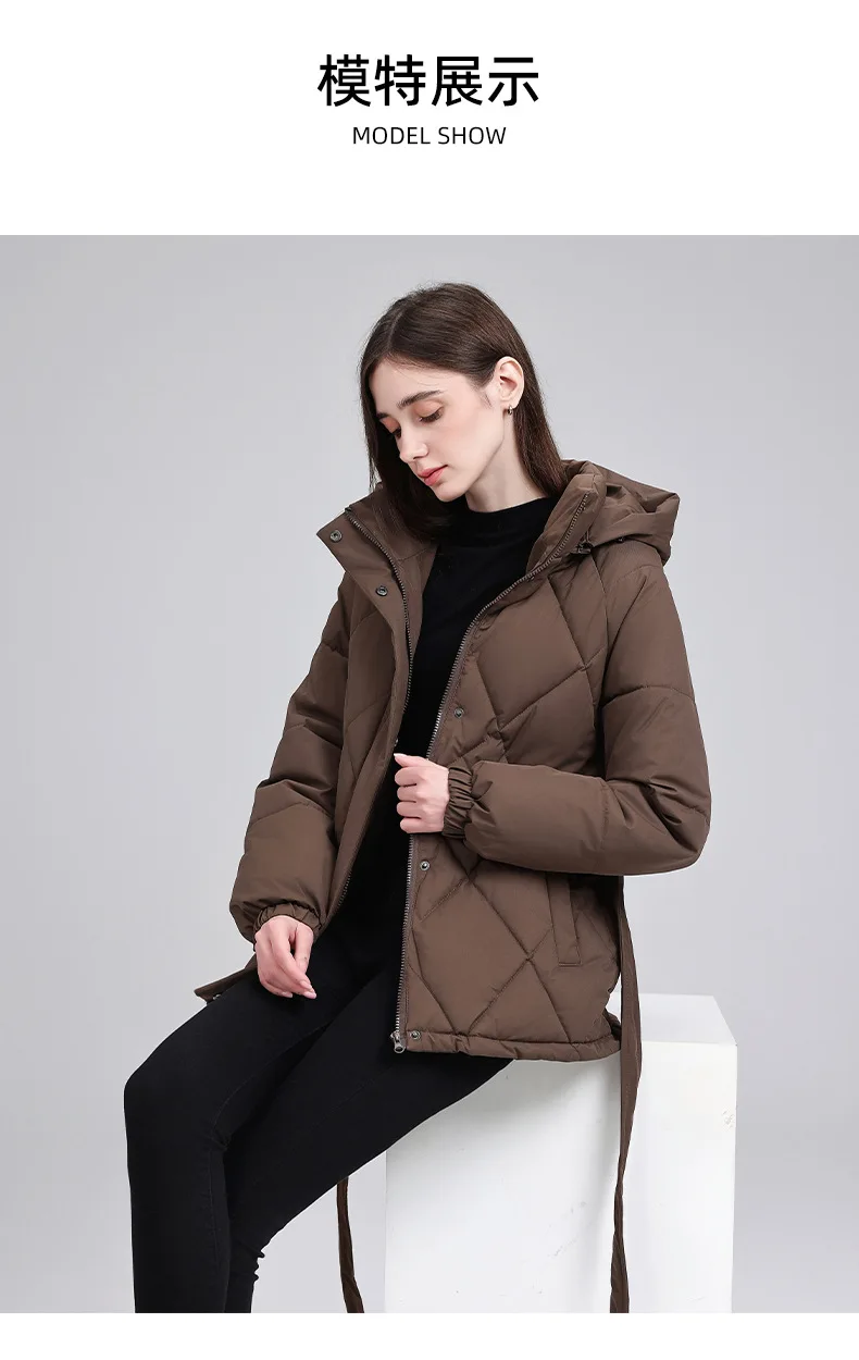 Warm Quilted Puffer Coat Women Hooded Belted Waist Elastic Cuff Zip Closure Autumn Winter Cotton Jackets Chic New Outerwear