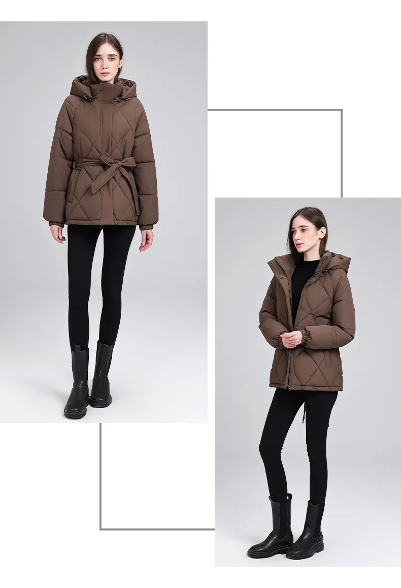 Warm Quilted Puffer Coat Women Hooded Belted Waist Elastic Cuff Zip Closure Autumn Winter Cotton Jackets Chic New Outerwear