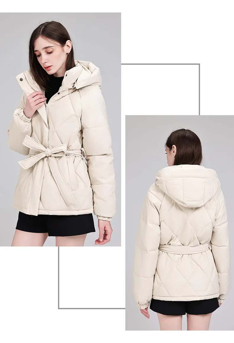 Warm Quilted Puffer Coat Women Hooded Belted Waist Elastic Cuff Zip Closure Autumn Winter Cotton Jackets Chic New Outerwear