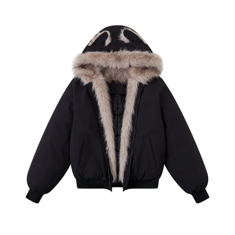 Winter New Elegant Liner Fur Loose Coat Women Y2k Fur Collar Hood Thick Fashion Parkas Casual Outerwear Cotton Padded Jackets
