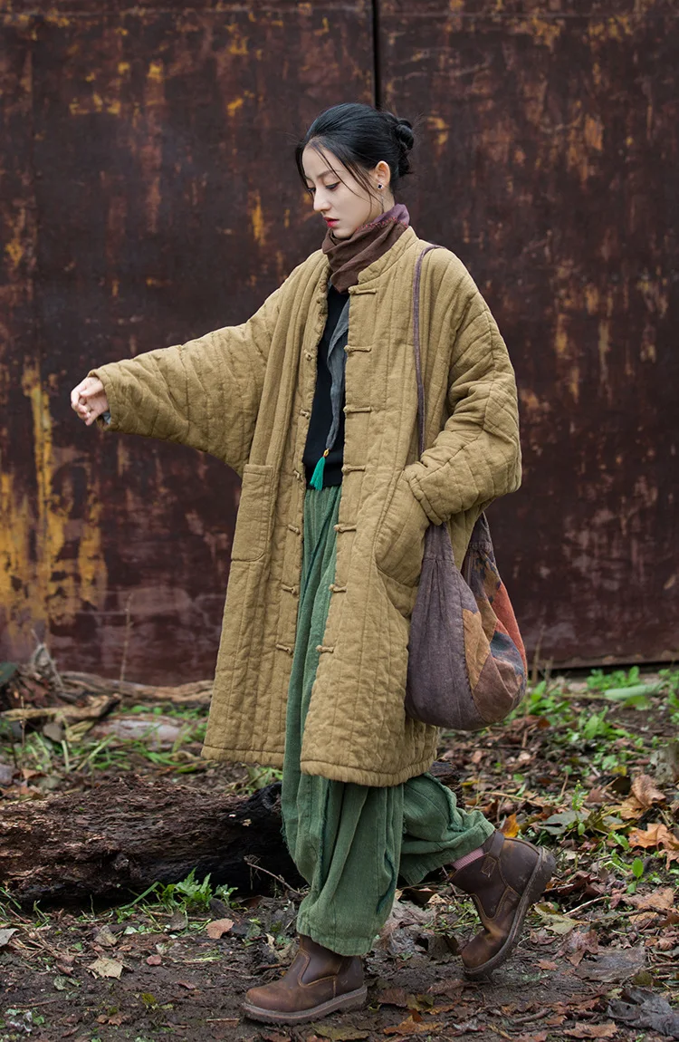 Johnature Women Chinese Style Ramie Cotton Parkas Stand Long Sleeve Winter Coats 2025 New Button Warm Plus Cotton Long Parkas