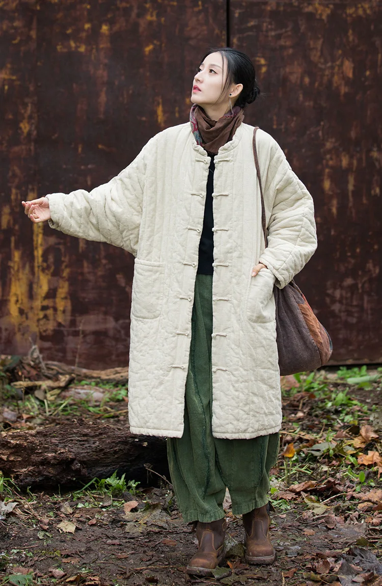 Johnature Women Chinese Style Ramie Cotton Parkas Stand Long Sleeve Winter Coats 2025 New Button Warm Plus Cotton Long Parkas