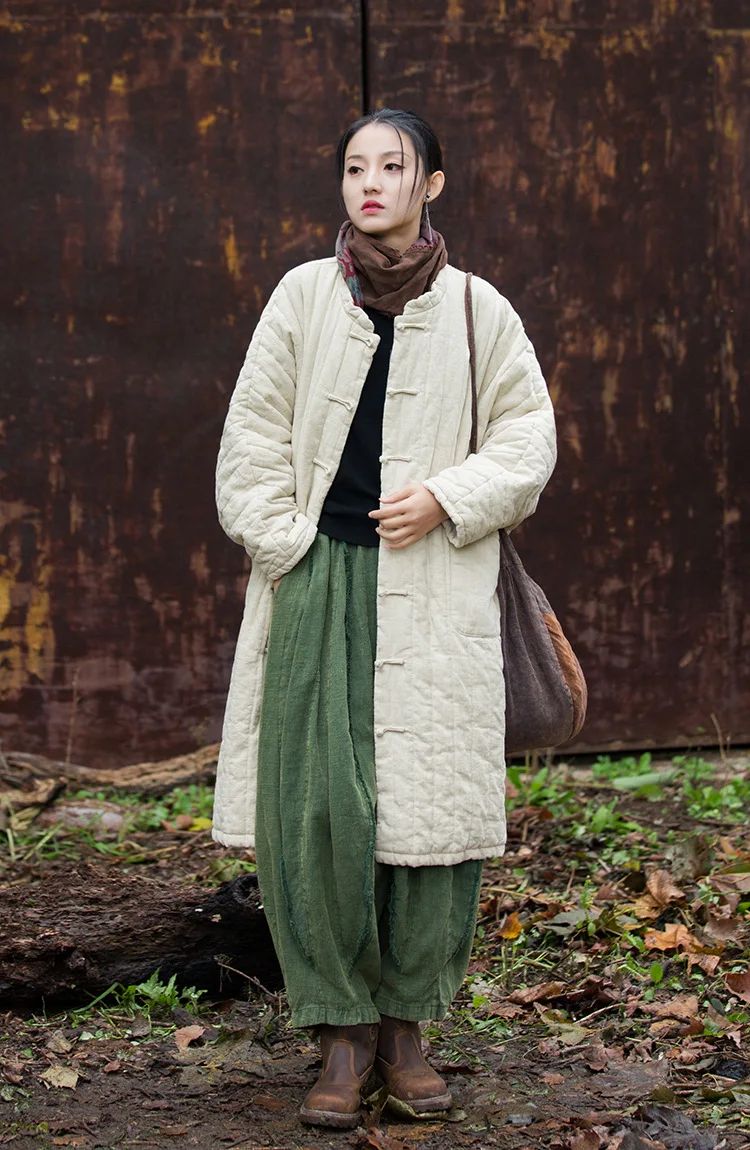 Johnature Women Chinese Style Ramie Cotton Parkas Stand Long Sleeve Winter Coats 2025 New Button Warm Plus Cotton Long Parkas