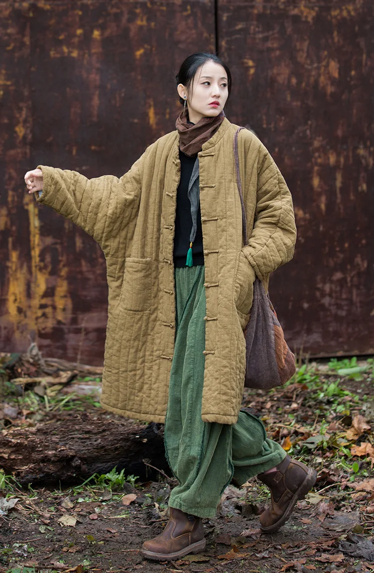 Johnature Women Chinese Style Ramie Cotton Parkas Stand Long Sleeve Winter Coats 2025 New Button Warm Plus Cotton Long Parkas