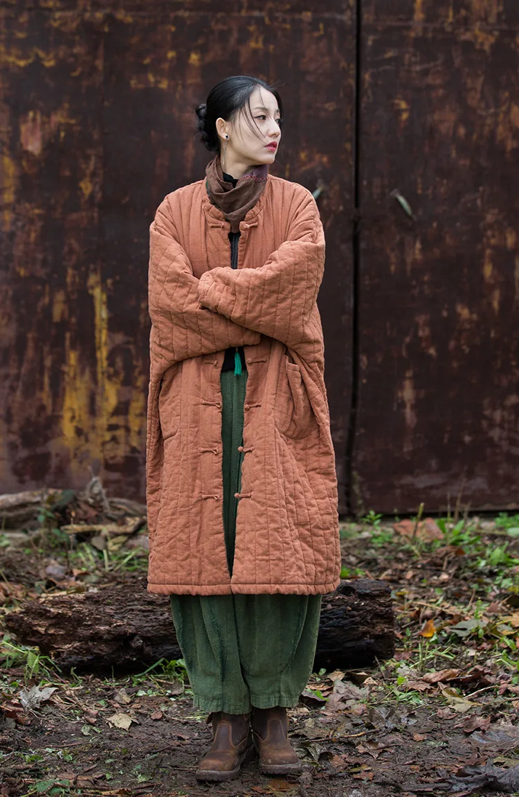 Johnature Women Chinese Style Ramie Cotton Parkas Stand Long Sleeve Winter Coats 2025 New Button Warm Plus Cotton Long Parkas