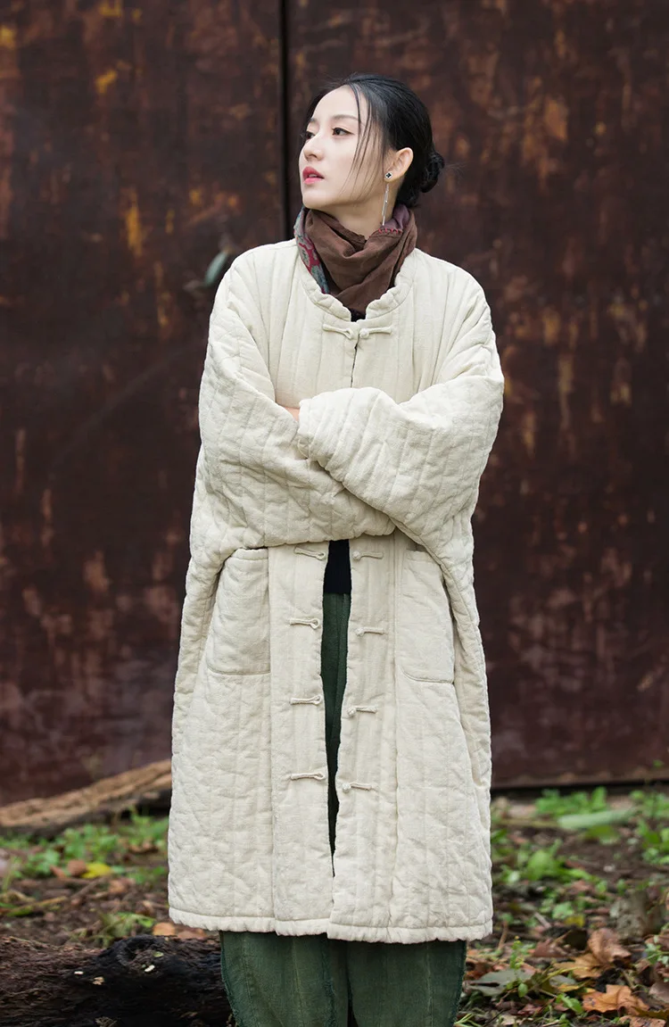 Johnature Women Chinese Style Ramie Cotton Parkas Stand Long Sleeve Winter Coats 2025 New Button Warm Plus Cotton Long Parkas