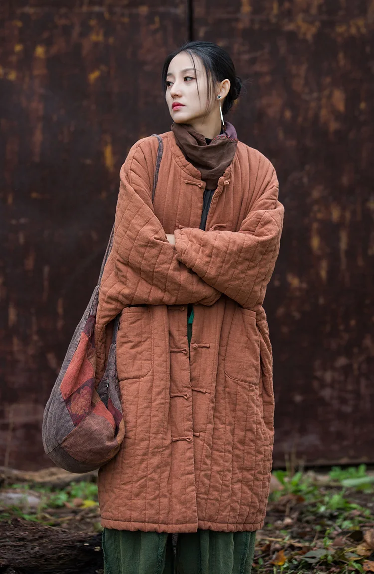 Johnature Women Chinese Style Ramie Cotton Parkas Stand Long Sleeve Winter Coats 2025 New Button Warm Plus Cotton Long Parkas